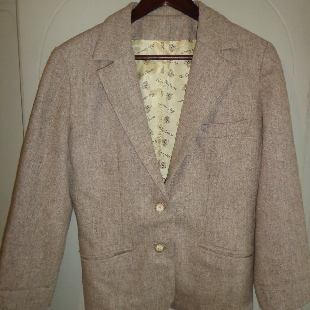 Oleg Cassini Wool Blazer S-M Beige Notched Lapel Welt Pockets Fully Lined Beige